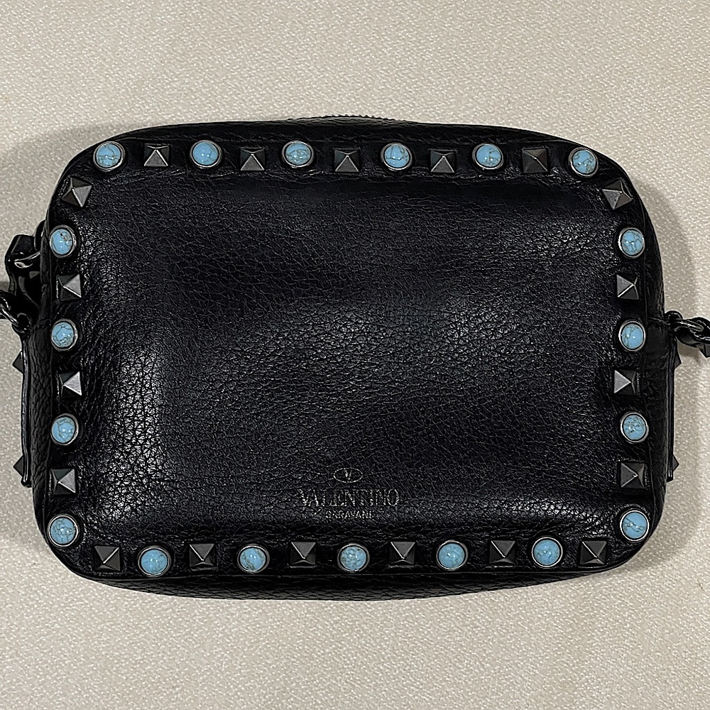 Valentino Black Rockstud Turquoise Crossbody Camera Bag